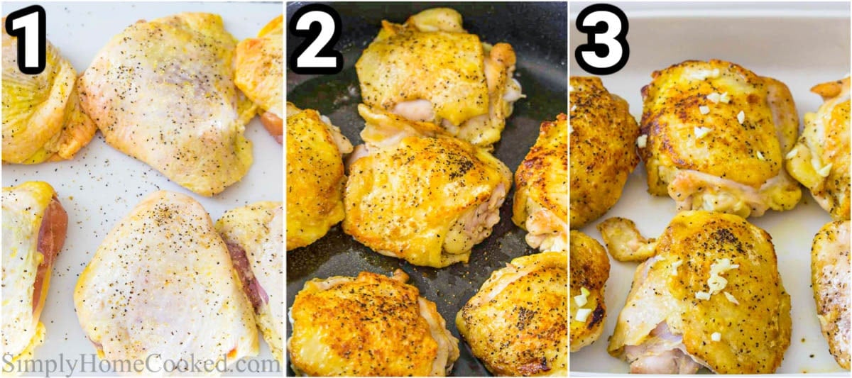 Steps for making Paleo Chicken Casserole: season the chicken and brown it in a skillet, then place them in a baking dish topped with minced garlic.