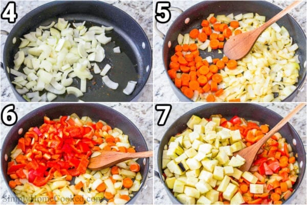 Steps for making Paleo Chicken Casserole: saute the onion and carrots, then the bell pepper and eggplant.