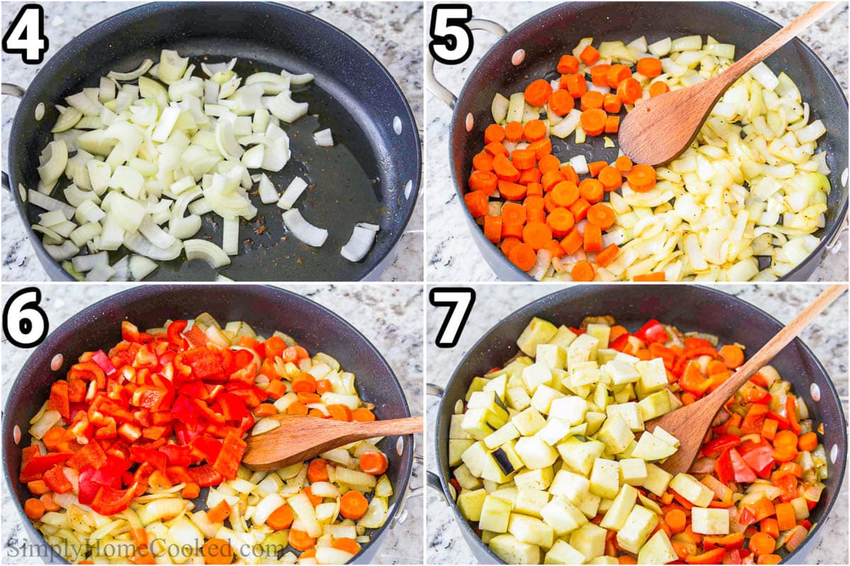 Steps for making Paleo Chicken Casserole: saute the onion and carrots, then the bell pepper and eggplant.