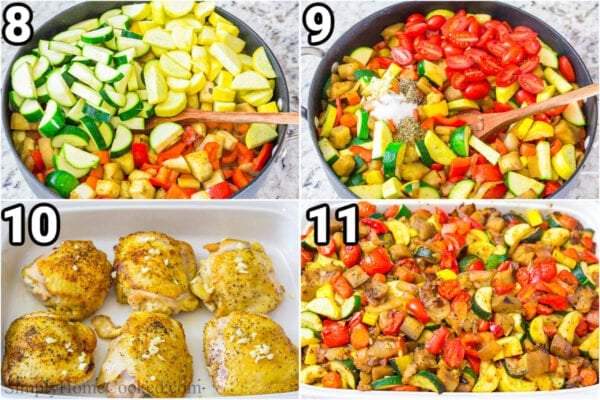 Steps for making Paleo Chicken Casserole: saute the yellow squash and zucchini, then add the salt, pepper, and Italian seasoning, and tomatoes, and finally combine the vegetables and chicken and bake.