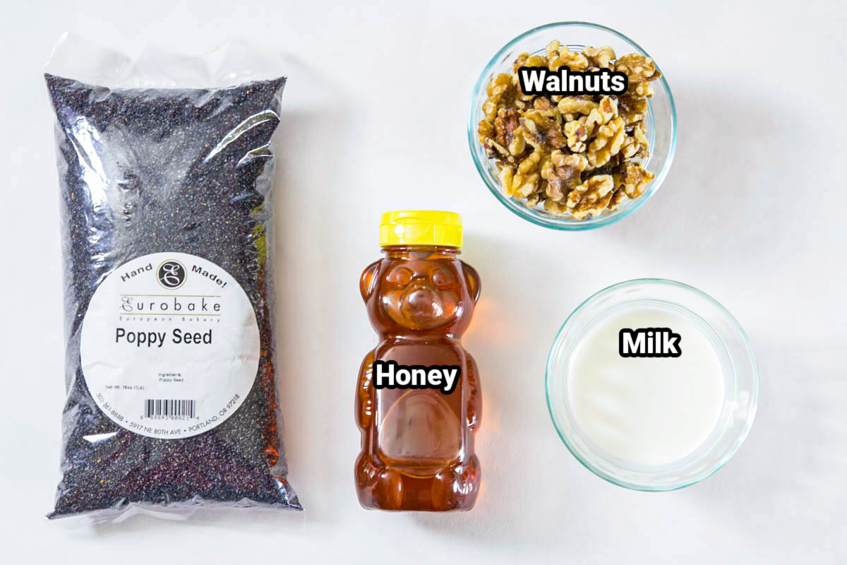 Ingredients for Poppy Seed Pull Apart Bread filling: poppy seeds, walnuts, honey, and milk. 