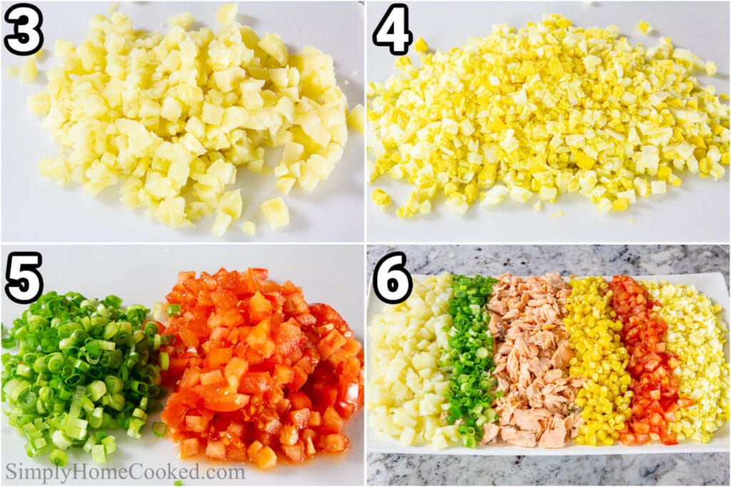 Steps to make Salmon Potato Salad: chop the potatoes, eggs, green onions, and tomatoes, and combine with the shredded salmon.