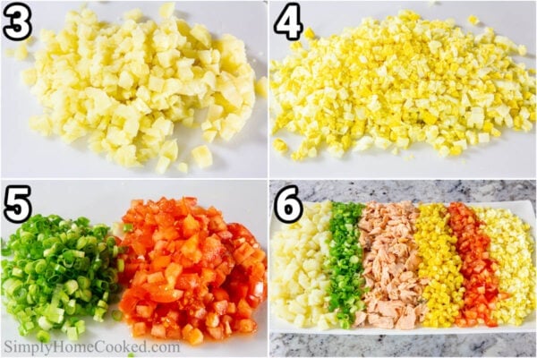 Steps to make Salmon Potato Salad: chop the potatoes, eggs, green onions, and tomatoes, and combine with the shredded salmon.