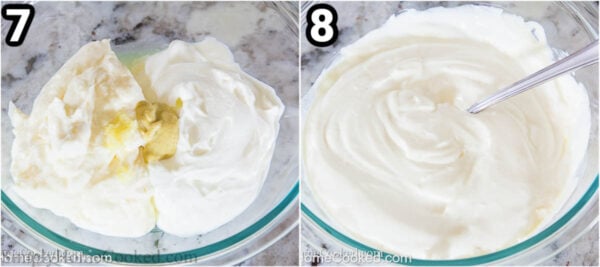 Steps to make Salmon Potato Salad: combine the mayo, mustard, sour cream, garlic, salt, and pepper.