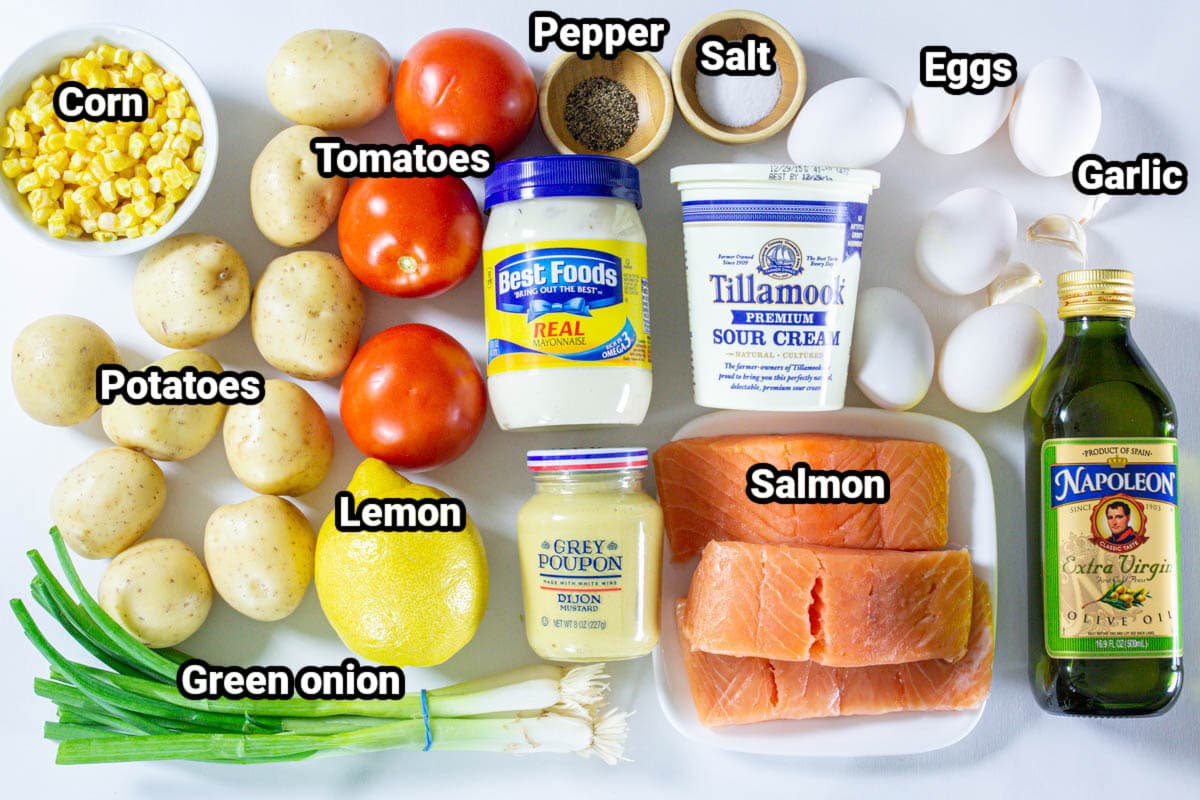 ingredients for salmon potato salad on a white background