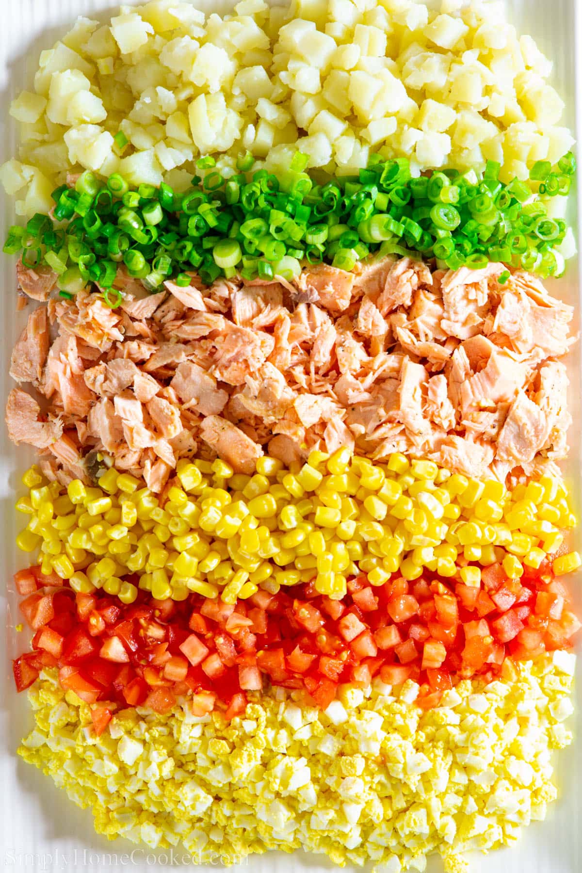 This potato salad recipe is a twist on the basic Russian potato salad (olivye. It's loaded with new potatoes, baked salmon, tomato, corn, and hard-boiled eggs. #potatosalad #russiansalad #olivye #olivier #slavicsalad Shredded salmon, shopped hard boiled eggs, potatoes, corn, tomatoes, and green onions lined up on a plate.
