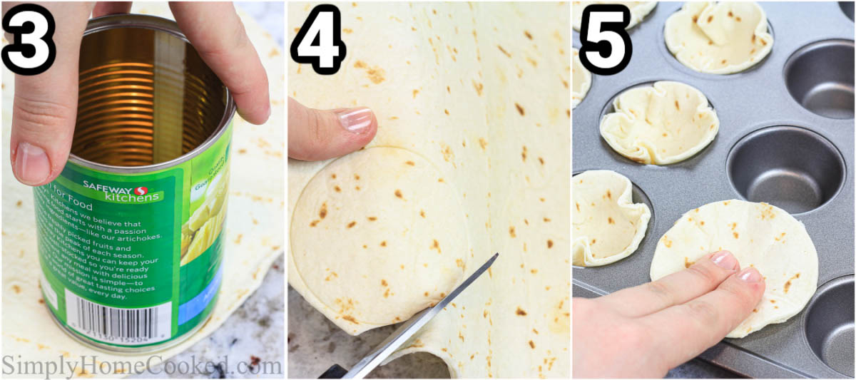 Steps to make Smoked Salmon Appetizer Cups: use a can to mark the circles and then cut out the flour tortilla cups with kitchen shears before baking them in a mini muffin tin.