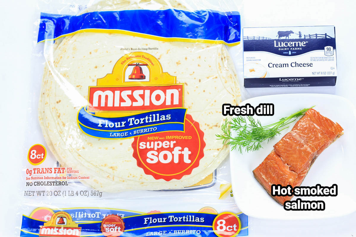 Ingredients for Smoked Salmon Appetizer Cups: flour tortillas, cream cheese, hot smoked salmon, and fresh dill.