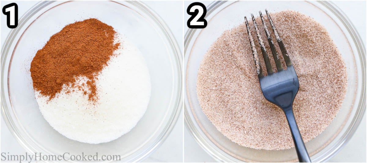 Steps to make Sopapilla Cheesecake: combine the cinnamon and sugar with a fork in a small bowl.