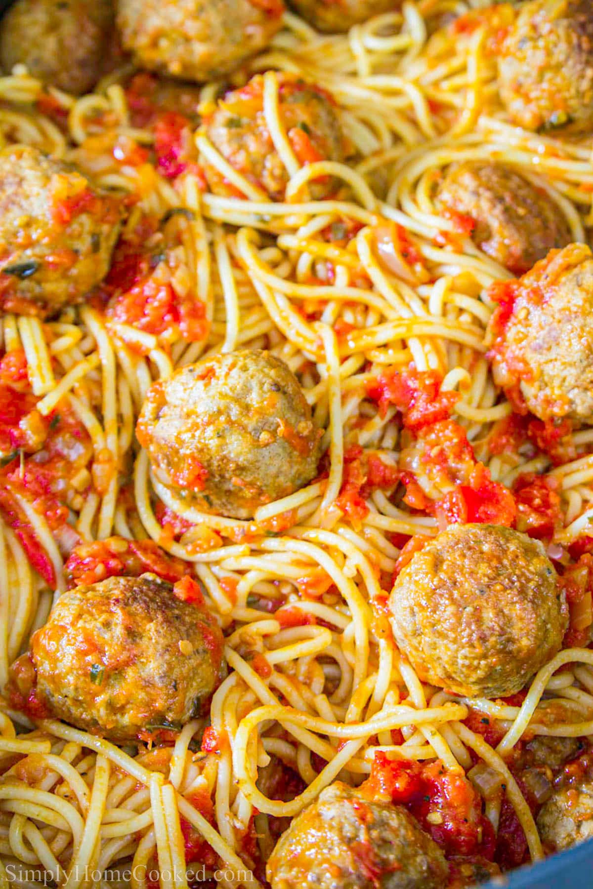 Close up of Spaghetti and Meatballs.