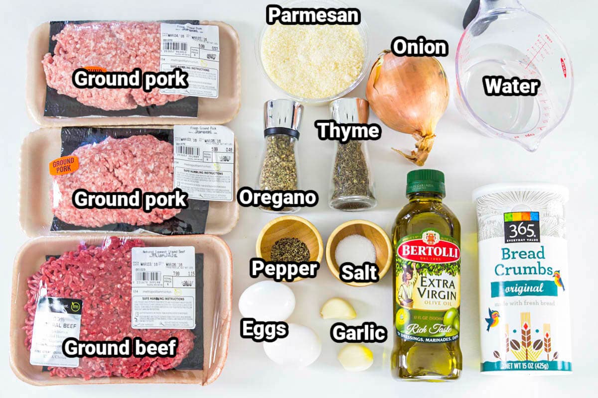 Ingredients for Spaghetti and Meatballs: ground pork, ground beef, parmesan cheese, onion, garlic, water, olive oil breadcrumbs, eggs, oregano, thyme, salt, and pepper.