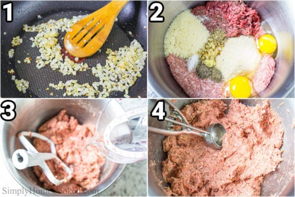 Steps to make Spaghetti and Meatballs: saute the onions, then add the pork, beef, breadcrumbs, Parmesan, garlic, salt, pepper, thyme, oregano, and eggs, mix, add water, and mix again.