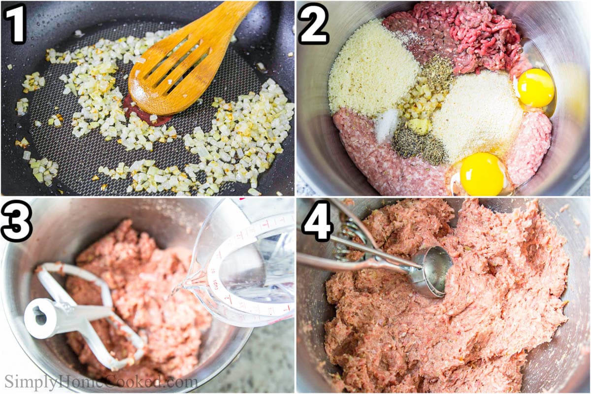 The Best Meatballs and Homemade Spaghetti Sauce is going to become a family favorite with the combination of pork and beef alongside classic Italian spices! #meatballs #italianmeatballs #spaghettiandmeatballs #spaghetti #homemademeatballs Steps to make Spaghetti and Meatballs: saute the onions, then add the pork, beef, breadcrumbs, Parmesan, garlic, salt, pepper, thyme, oregano, and eggs, mix, add water, and mix again.