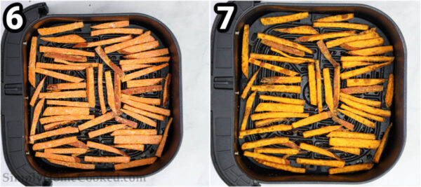 Steps to make the Best Air Fryer Sweet Potato Fries: arrange the fries in the air fryer basket and fry.