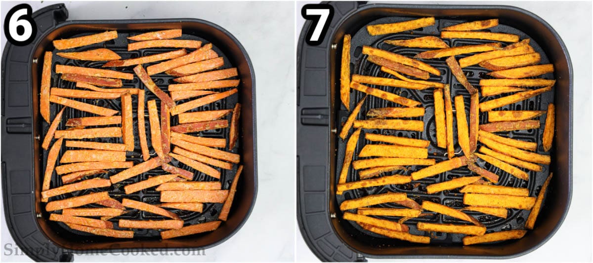 Steps to make the Best Air Fryer Sweet Potato Fries: arrange the fries in the air fryer basket and fry. 