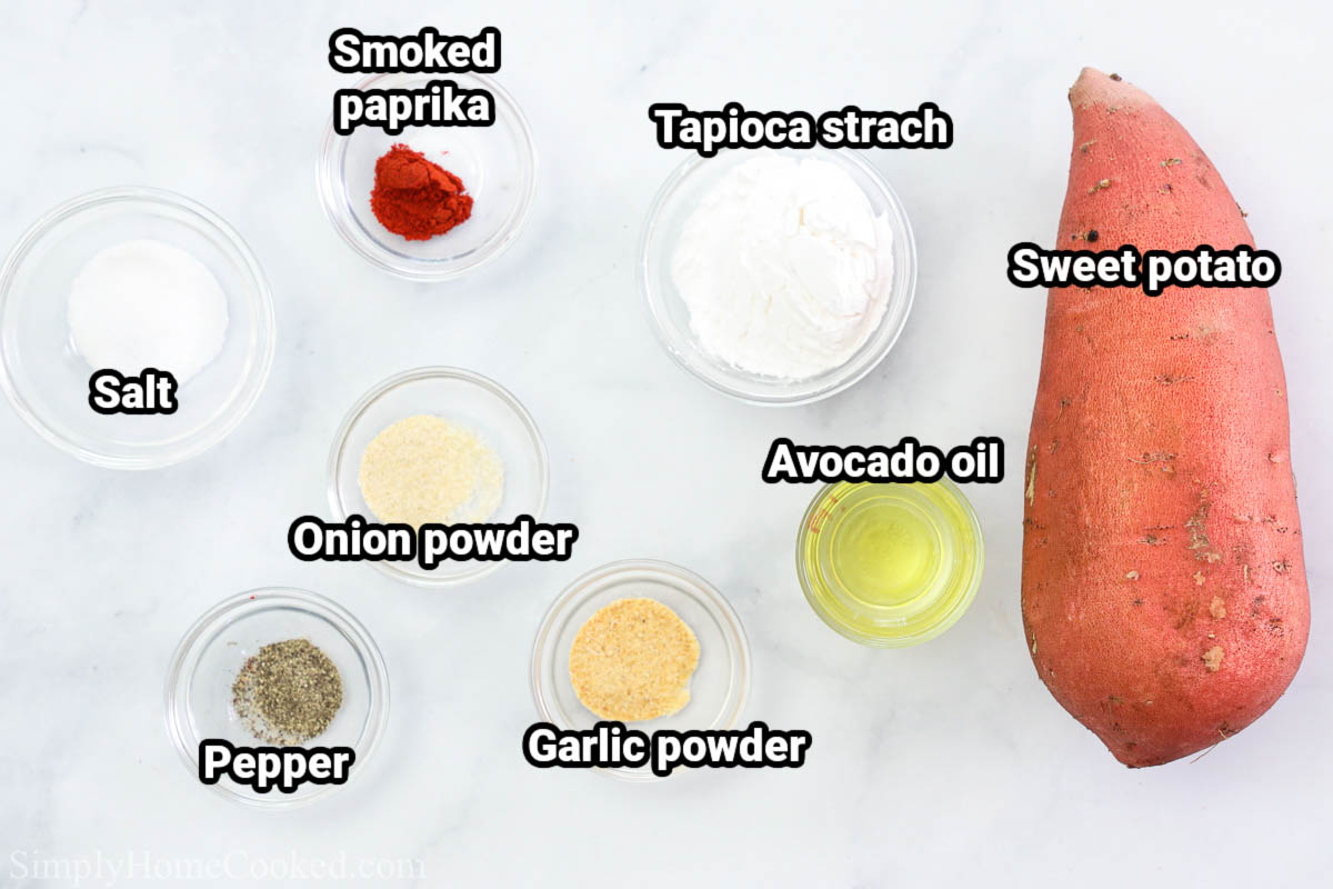 Ingredient for the Best Air Fryer Sweet Potato Fries: sweet potato, tapioca starch, smoked paprika, salt, pepper, onion powder, garlic powder, and avocado oil.