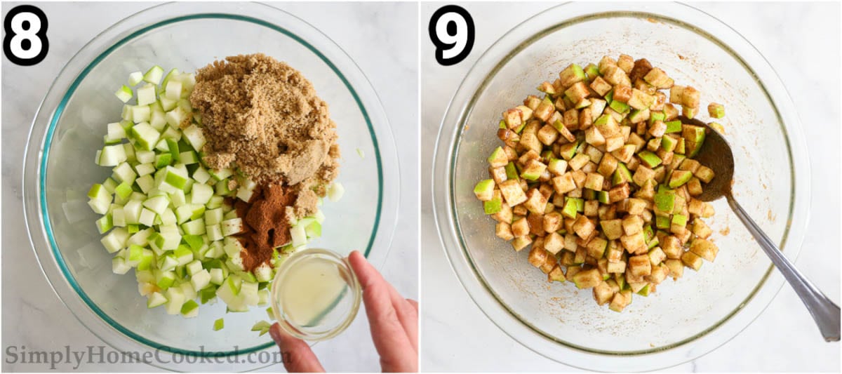 Steps to make Apple Fritter Bread:  dice the apples and combine with lemon juice, cinnamon, and brown sugar with a spoon. 