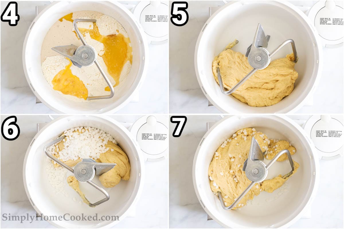 Steps to make Belgian Liege Waffles: mix the flour, salt, butter, eggs, and vanilla in a stand mixer, then add the pearl sugar. 