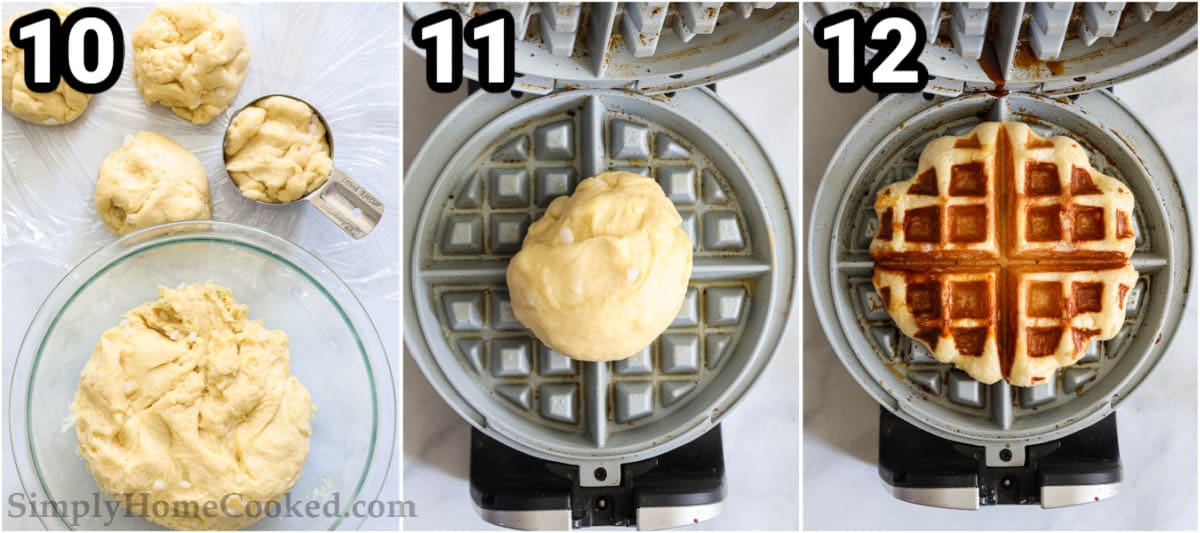 Steps to make Belgian Liege Waffles:  portion out the waffle dough and bake it to a golden brown in a waffle maker. 