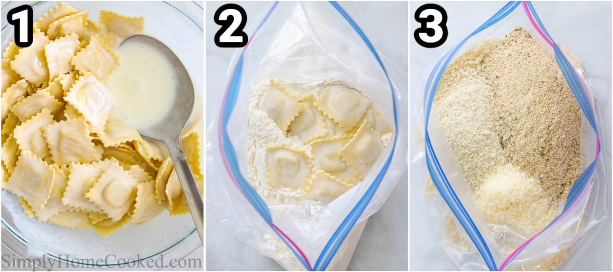 Steps to make Crispy Fried Ravioli: toss the ravioli with buttermilk, then add them to a ziplock bag with Parmesan cheese, breadcrumbs, and flour, and mix.