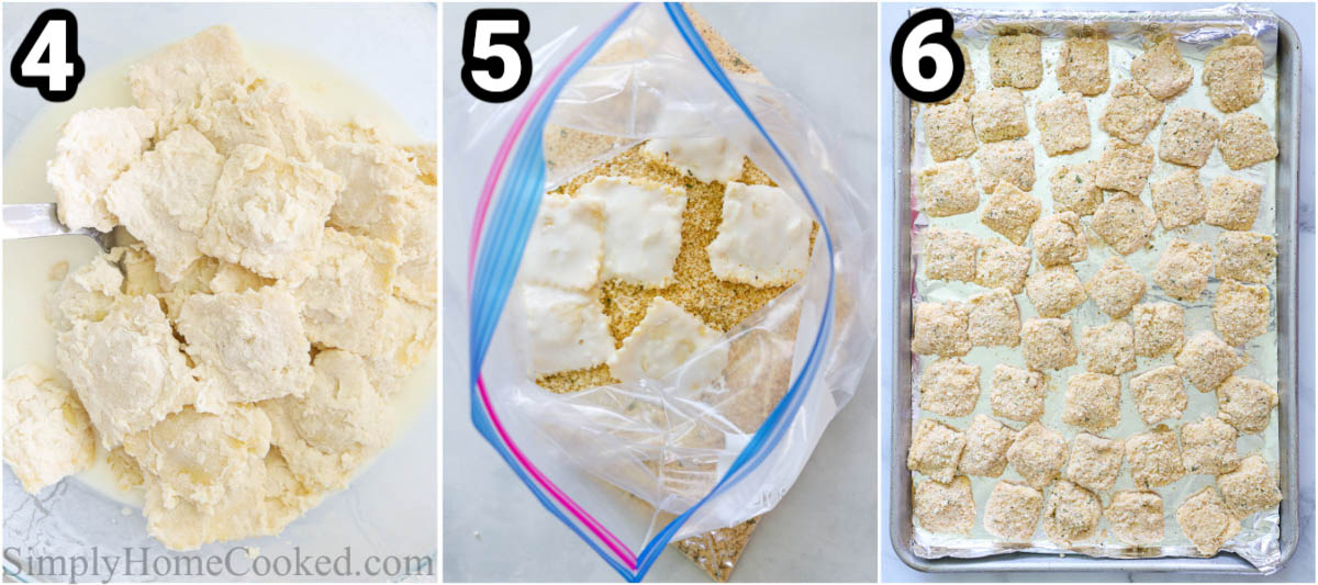 Steps to make Crispy Fried Ravioli:  toss in buttermilk and breadcrumbs again in a ziplock bag, then place them on a baking sheet.