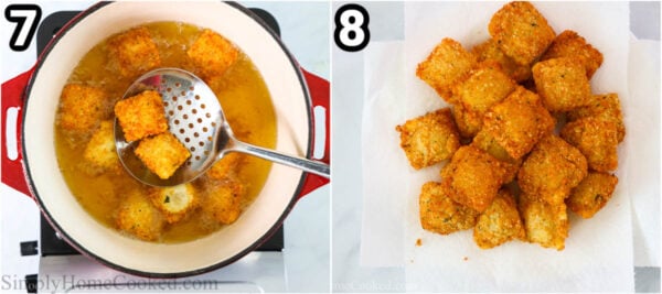 Steps to make Crispy Fried Ravioli: fry the breaded ravioli in a pot and then place on a paper towel lined plate to absorb excess oil.