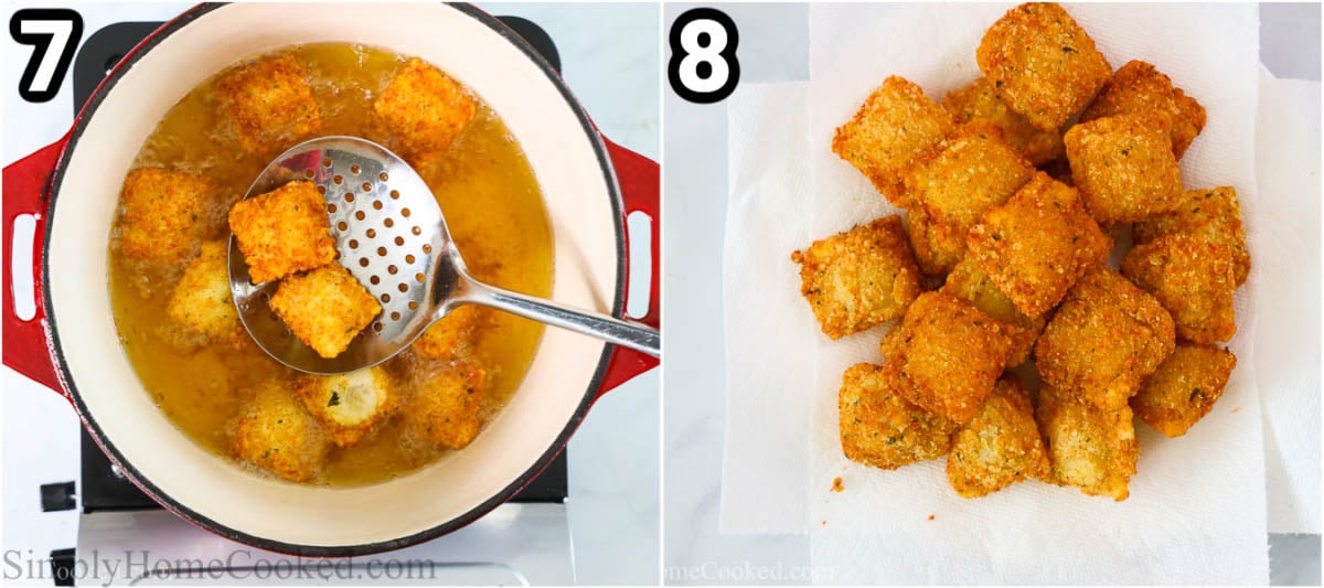 Steps to make Crispy Fried Ravioli: fry the breaded ravioli in a pot and then place on a paper towel lined plate to absorb excess oil.