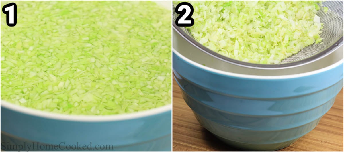 Steps to make Lazy Cabbage Rolls: chop the cabbage, soak it in boiling water, and then strain it out.