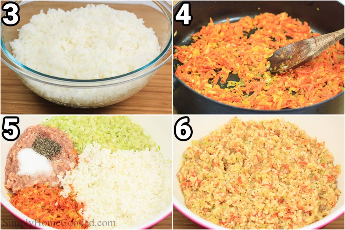 Steps to make Lazy Cabbage Rolls: cook the rice, saute the onion and carrots, then mix it with the rice, cabbage, salt, pepper, and chicken.