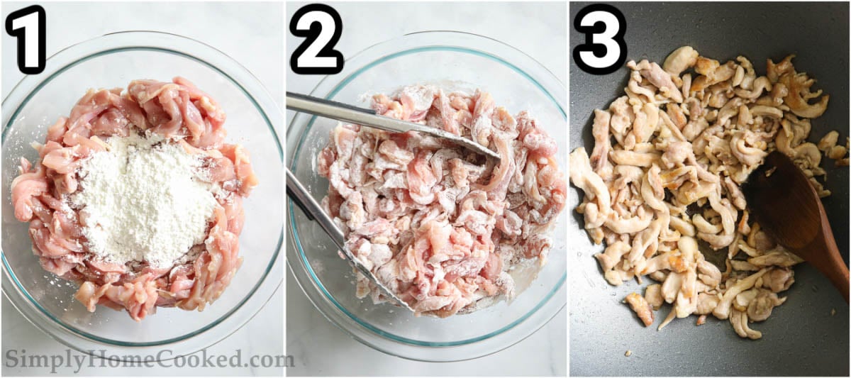 Steps to make Mongolian Chicken: combine the chicken with cornstarch, then cook it in a wok.