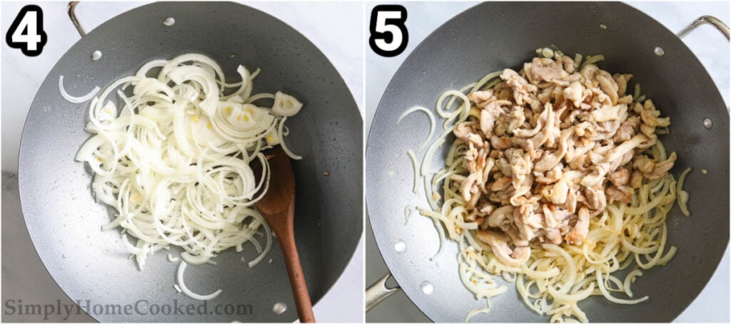 Steps to make Mongolian Chicken:  cook the onion and garlic, then add the chicken to the wok.