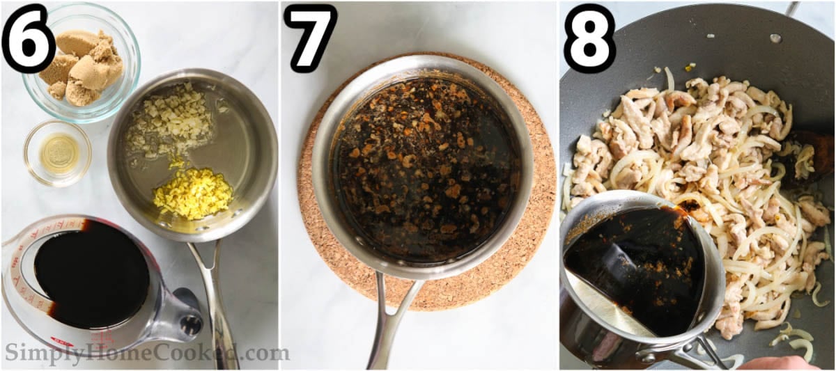 Steps to make Mongolian Chicken:  heat the garlic and ginger in a saucepan then add the sesame oil, brown sugar, and soy sauce. When it's done, add it to the chicken and onions.