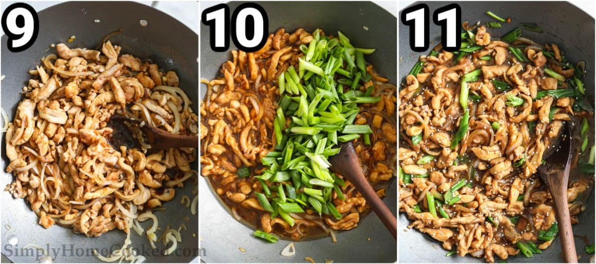 Steps to make Mongolian Chicken: add chopped green onions to the Mongolian Chicken and stir with a wooden spoon.