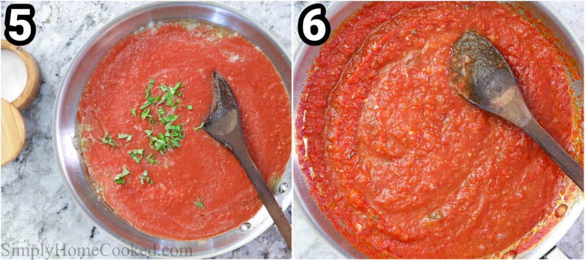 Steps to make Pasta Pomodoro:  add the tomatoes to the garlic and onion in the pan, then add in the sugar, salt, and basil.