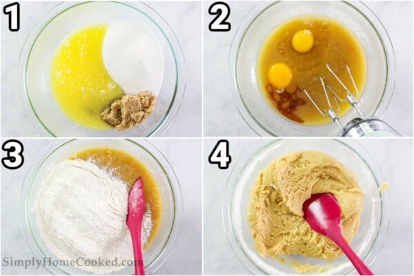 Steps to make Snickerdoodle Cookies: whisk the butter and sugars together with a hand mixer, add the eggs and vanilla, and finally fold in the flour, baking soda, baking powder, cream of tartar, and salt.