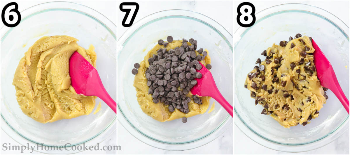 Steps to make Edible Cookie Dough: fold in the chocolate chips with a spatula. 