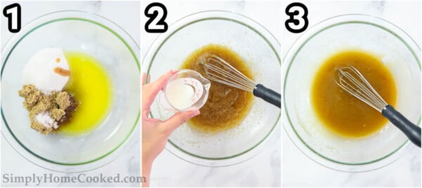 Steps to make Edible Cookie Dough: whisk together the melted butter, sugars, salt, and vanilla, then add the milk.