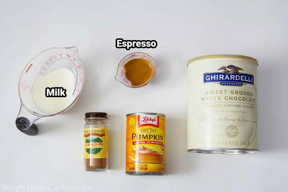 Ingredients for Pumpkin Spice Latte: milk, espresso, pumpkin puree, pumpkin pie spices, and white chocolate powder.