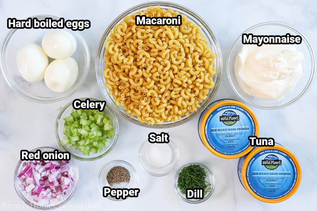 Ingredients for Tuna Pasta Salad: hard boiled eggs, macaroni, mayonnaise, celery, red onions, tuna, salt, pepper, and dill.