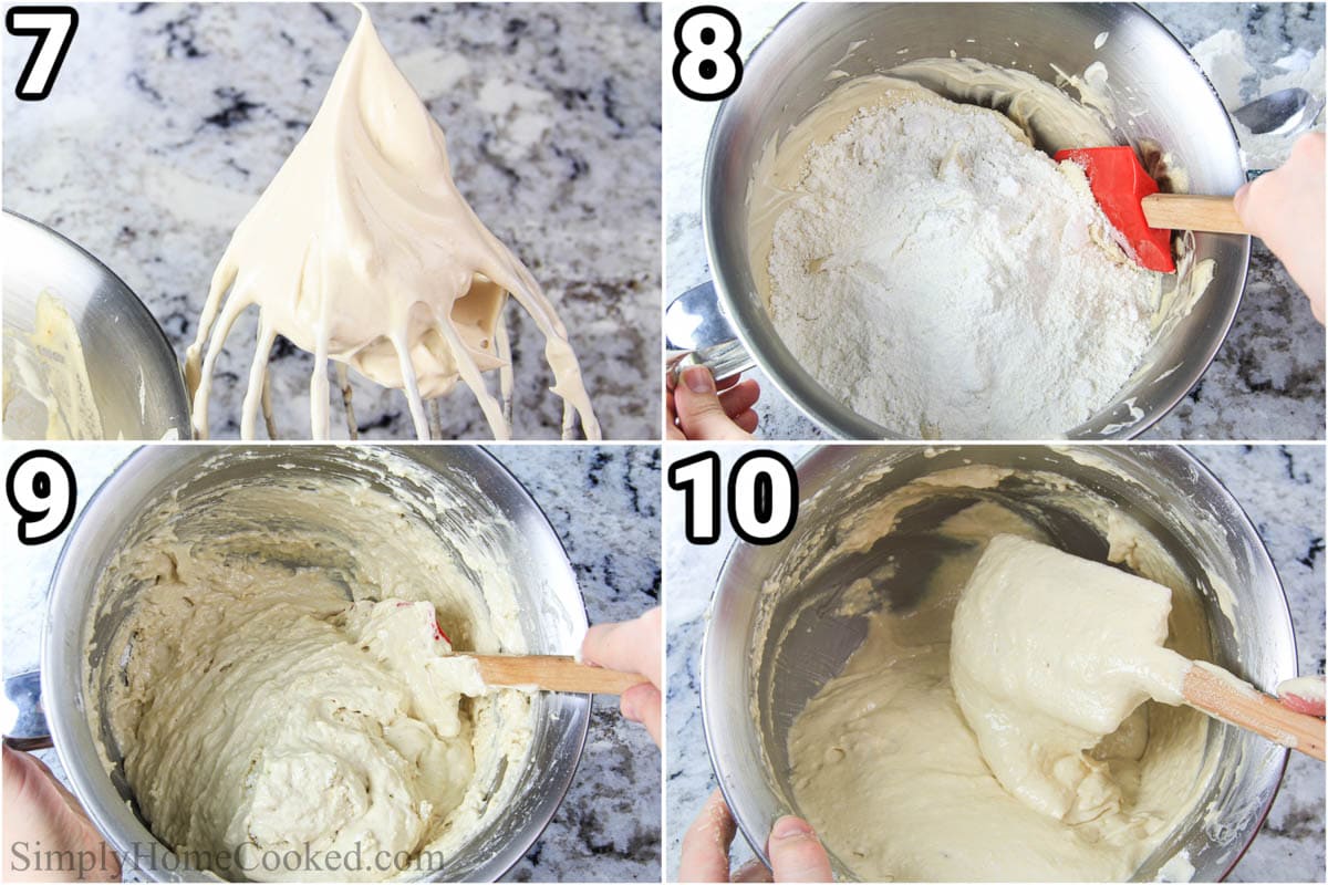 Steps to make Coffee Macarons:  once stiff peaks form, add the flour mixture and mix with a spatula. 
