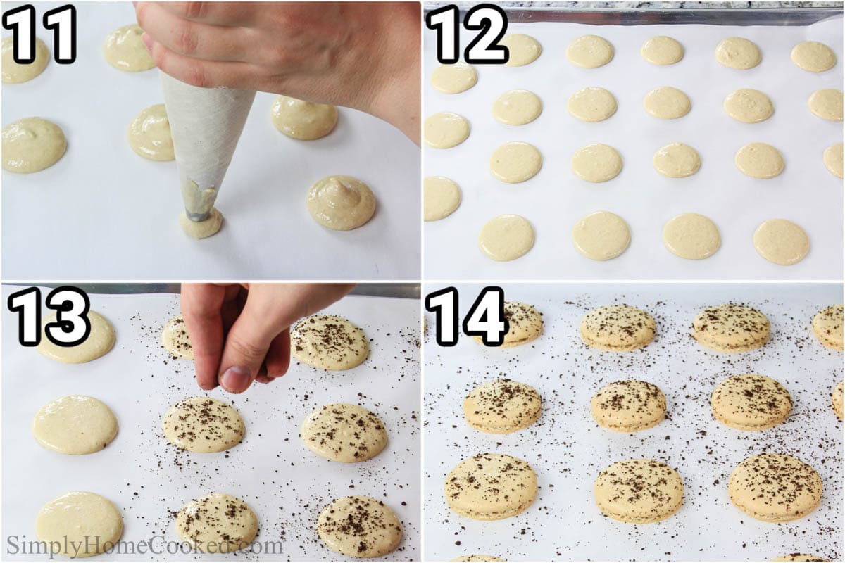 Steps to make Coffee Macarons:  pipe the macaron batter onto parchment paper, then add espresso powder on top and bake. 
