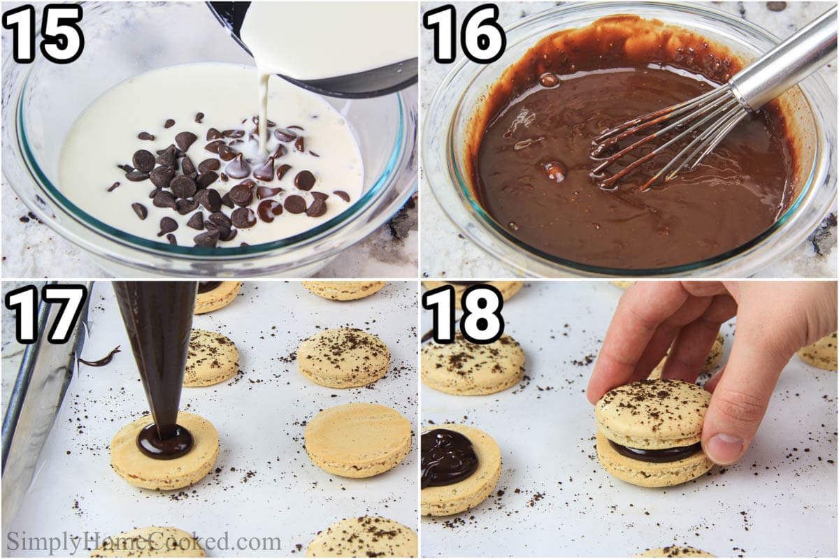 Steps to make Coffee Macarons:  mix hot heavy cream with chocolate chips to make chocolate ganache, then pip it between two macaron shells.