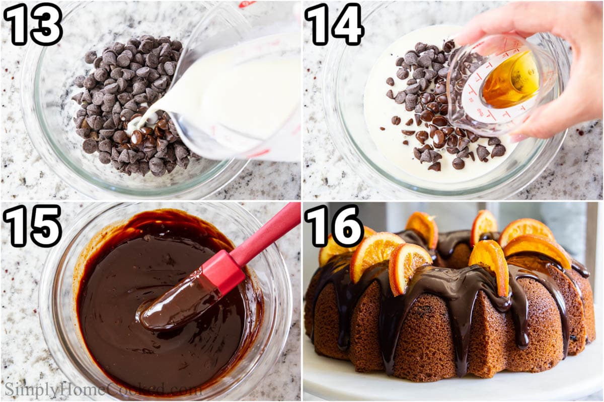 Steps to make Cranberry Orange Bundt Cake: make the chocolate ganache by adding hot heavy cream and Grand Marnier to the chocolate chips, then stirring it and drizzling it on the bundt cake. 