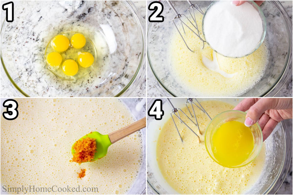 Steps to make Cranberry Orange Bundt Cake: whisk the eggs with sugar, then add the orange zest and melted butter. 
