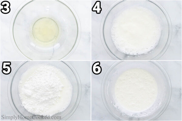 Steps to make Flourless Chocolate Cookies: whip the eggs and then add the powdered sugar and combine.