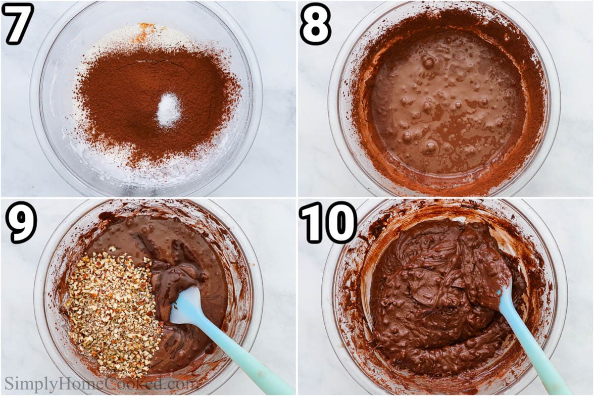 Steps to make Flourless Chocolate Cookies:  add the cocoa powder, salt, and vanilla and mix, then add the pecans.