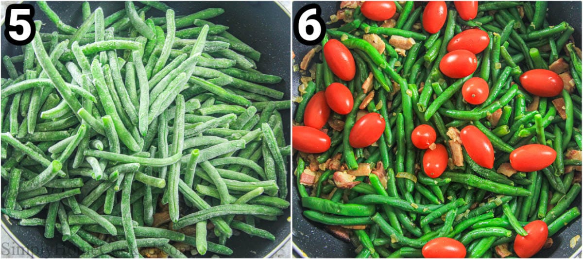 Steps to make Green Bean Salad with Bacon:  add the frozen green beans and stir, then add the tomatoes, salt, and pepper. 