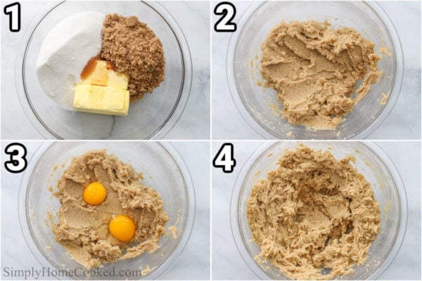 Steps to make Rolo Cookies: cream the sugar, brown sugar, and butter together, then add in the eggs and vanilla and mix.