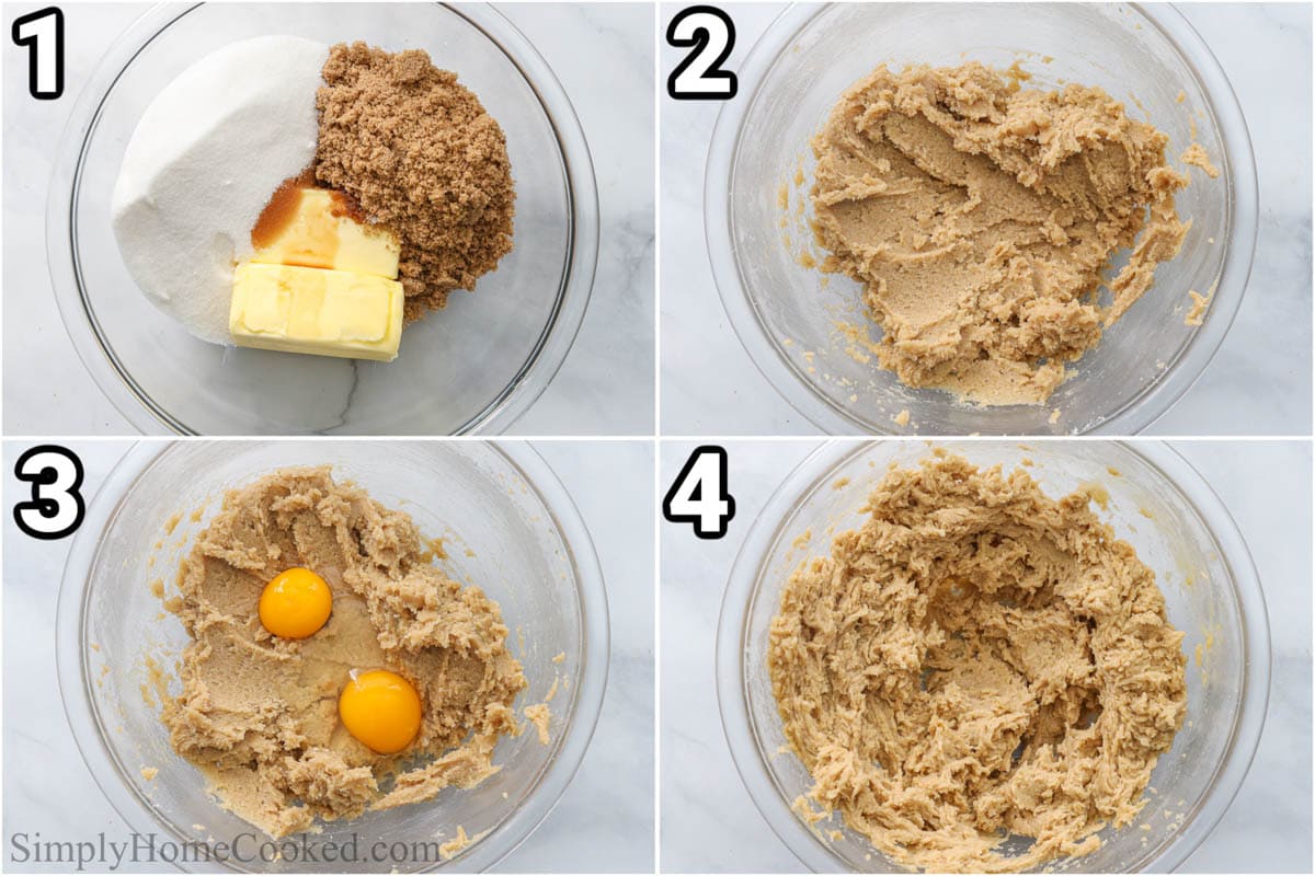 Steps to make Rolo Cookies: cream the sugar, brown sugar, and butter together, then add in the eggs and vanilla and mix.