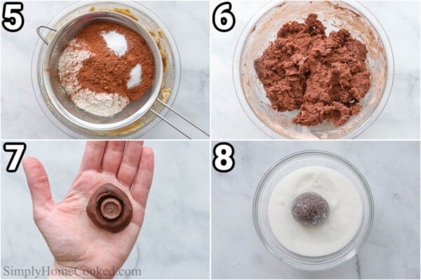 Steps to make Rolo Cookies: sift in the flour, baking soda, salt, and cocoa powder, then scoop and roll the dough into balls to add a Rollo candy in the center, and finally rolling the ball in sugar.